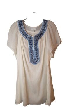 NWT Charter Club 20W Embroidered Peasant Blouse White Blue Boho Tunic